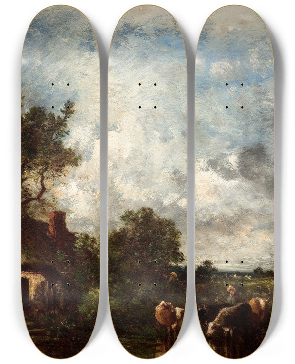 Triptych art skateboard deck of Lonvictor Dupr Cattle Watering by Leon Victor Dupre (1816-1879)