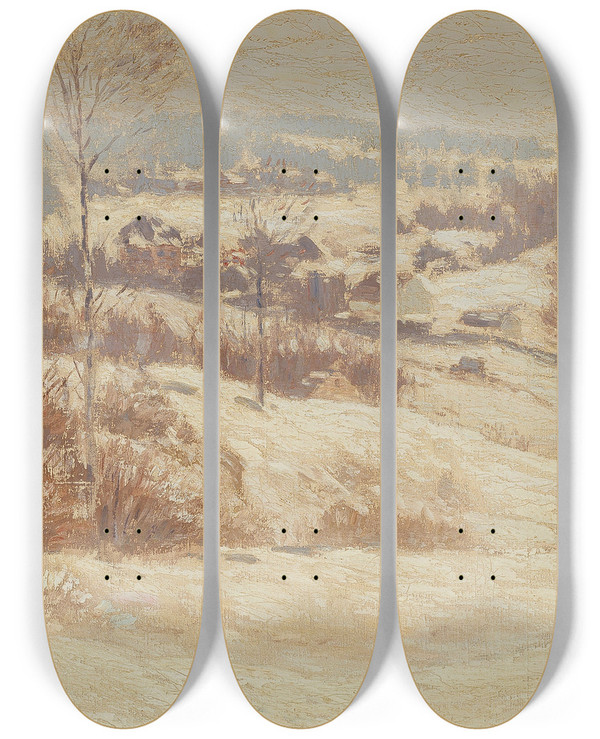 Triptych art skateboard deck of Leonard Ochtman The Hill Range by Leonard Ochtman (1854-1935)