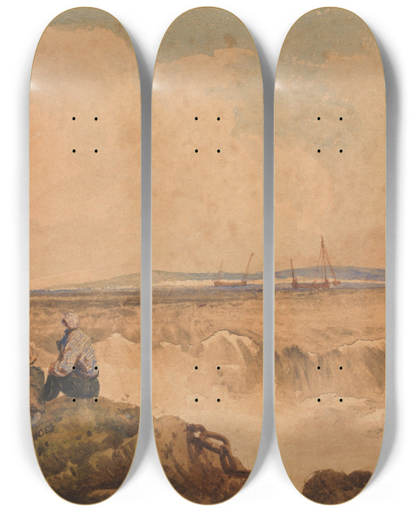 Triptych art skateboard deck of Samuel Prout Coast Scene by Samuel Prout (1783-1852)