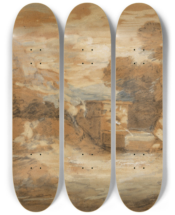 Triptych art skateboard deck of Thomas Gainsborough Mountain Landscape With Figures Sheep And Fountain by Thomas Gainsborough (1727-1788)