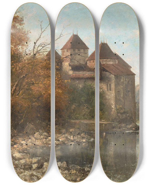 Triptych art skateboard deck of Gustave Courbet Le Chteau De Chillon Lake Geneva_2 by Gustave Courbet (1819-1877)