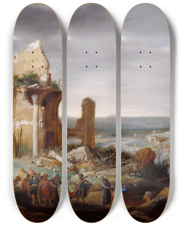 Triptych art skateboard deck of Bartholomeus Breenbergh Moses And Aaron Changing The Rivers Of Egypt To Blood by Bartholomeus Breenbergh (1598-1657)