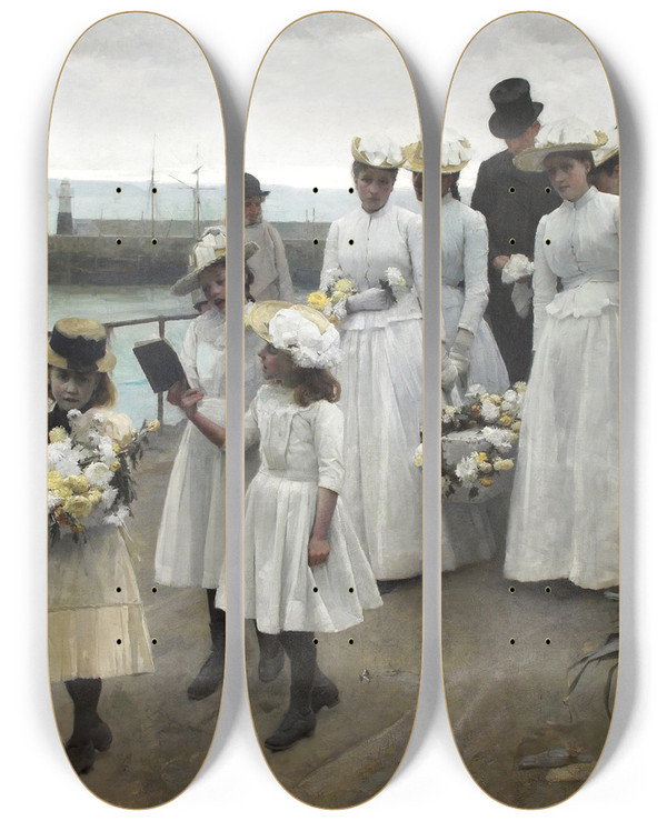 Triptych art skateboard deck of Frank Bramley For Of Such Is The Kingdom Of Heaven by Frank Bramley (1857-1915)