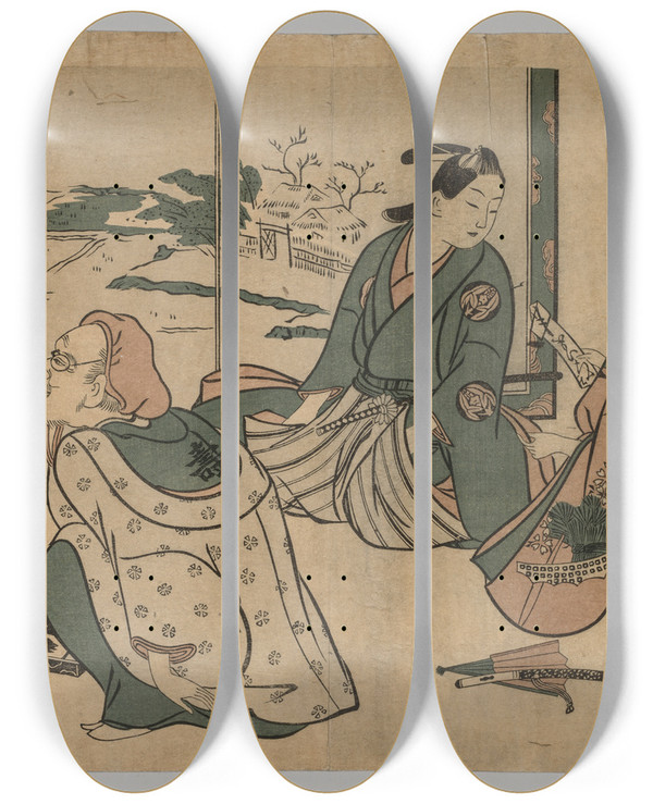 Triptych art skateboard deck of Okumura Masanobu No Title by Okumura Masanobu (1686-1764)