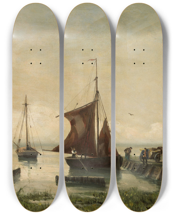 Triptych art skateboard deck of Walter Leistikow Sail Boats At The Lakeside by Walter Leistikow (1865-1908)