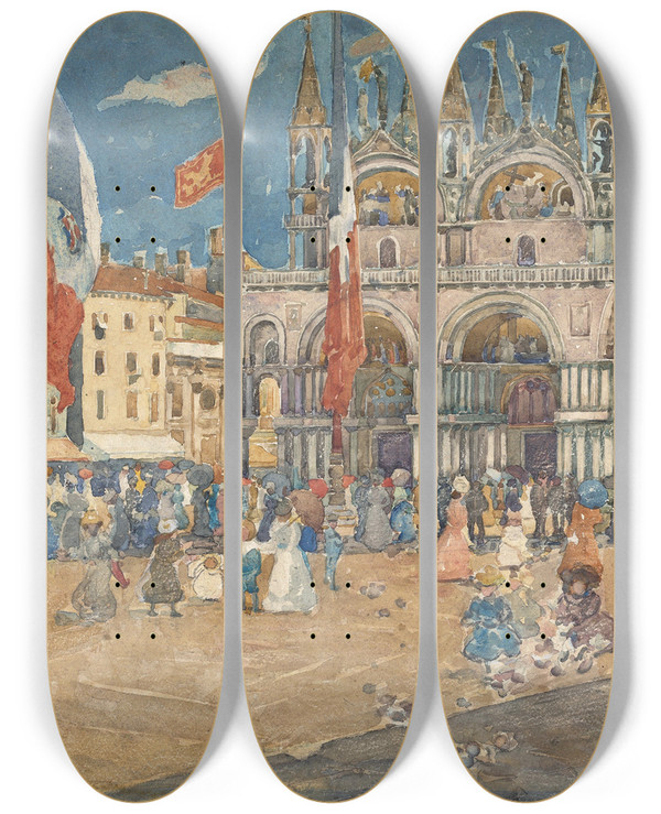Triptych art skateboard deck of Maurice Prendergast Piazza San Marco by Maurice Prendergast (1858-1924)