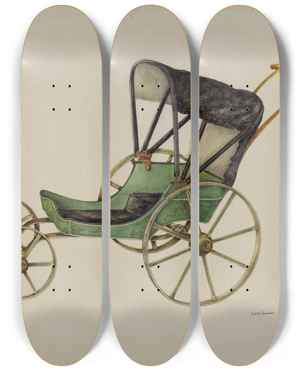 Triptych art skateboard deck of Peter Connin Doll Carriage by Peter Connin