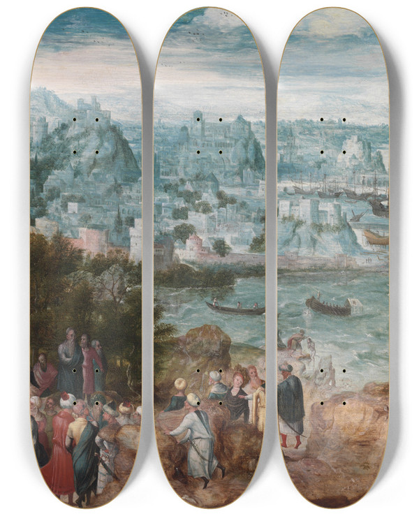 Triptych art skateboard deck of Herri Met De Bles Landscape With Saint John The Baptist by Herri met de Bles (1510-1572)