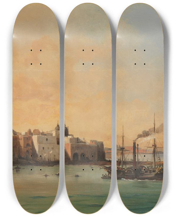 Triptych art skateboard deck of Jeancharles Joseph Rmond View Of Ischia From The Sea by Jean-Charles Joseph Rmond (1795-1875)