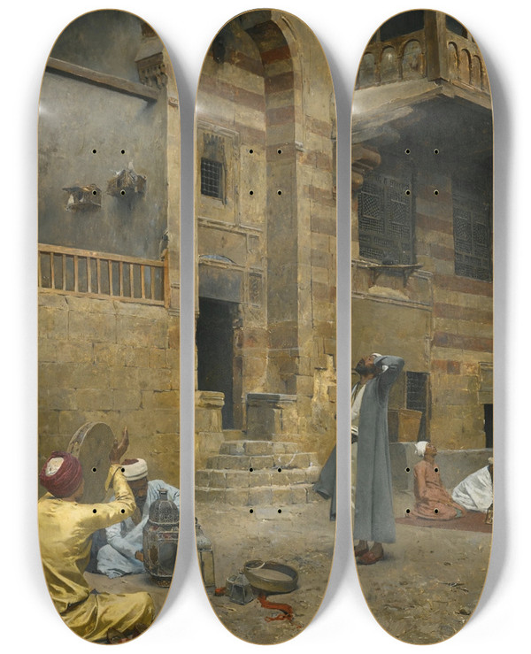 Triptych art skateboard deck of Charles Wilda A Mystic Cairo by Charles Wilda (1854-1907)