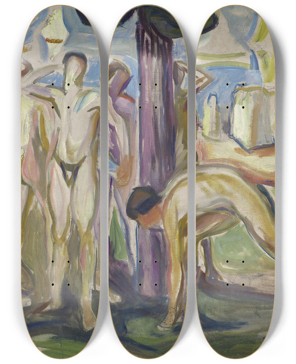 Triptych art skateboard deck of Edvard Munch Naked Men In Landscape by Edvard Munch (1863-1944)
