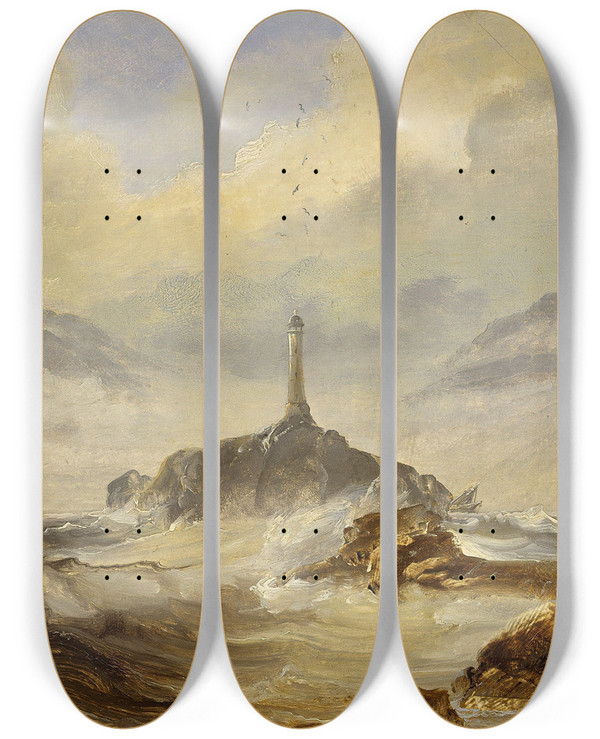 Triptych art skateboard deck of Peder Balke Lighthouse On The Norwegian Coast_1 by Peder Balke (1804-1887)