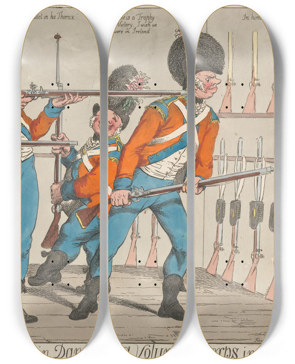 Triptych art skateboard deck of Charles Ansell Guardroom Tactics Bugs In Danger Or A Volunteer Corps In Action by Charles Ansell