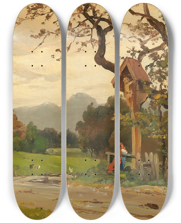 Triptych art skateboard deck of Josef Willroider By The Wayside Cross by Josef Willroider (1838-1915)