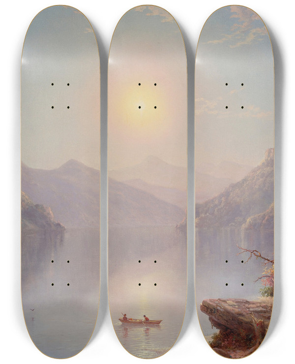 Triptych art skateboard deck of George W Waters River Landscape At Daybreak by George W Waters (1832-1912)