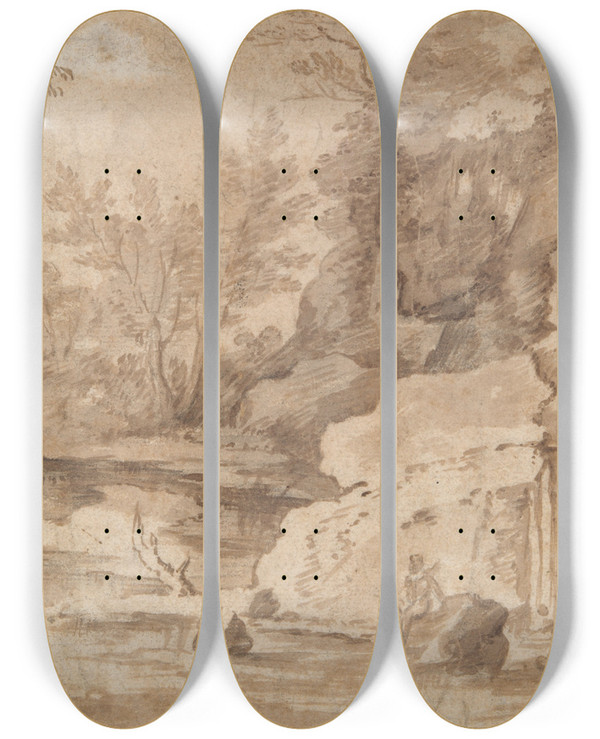Triptych art skateboard deck of Herman Van Swanevelt Riverlandscape by Herman Van Swanevelt (1600-1655)