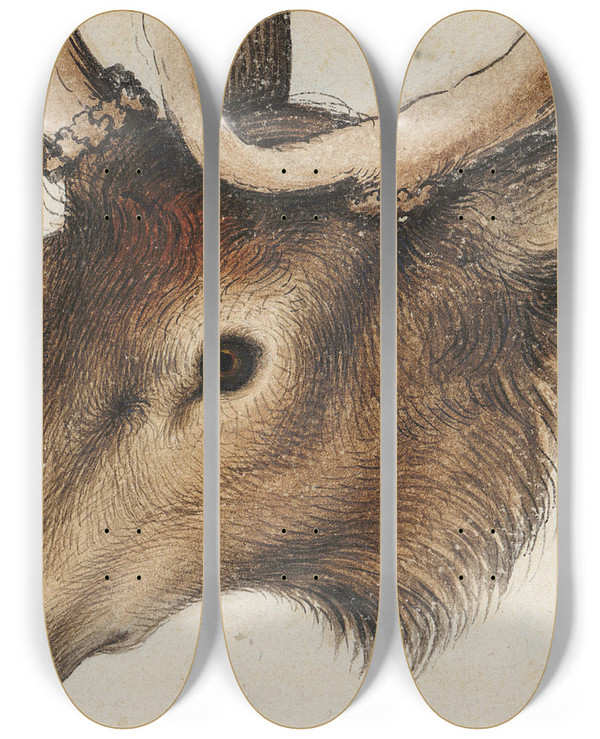 Triptych art skateboard deck of Hans Hug Kluber Hirschkopf by Hans Hug Kluber (1535-1578)