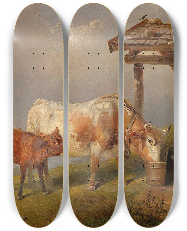 Triptych art skateboard deck of Rudolf Swoboda On The Alp by Rudolf Swoboda (1859-1914)