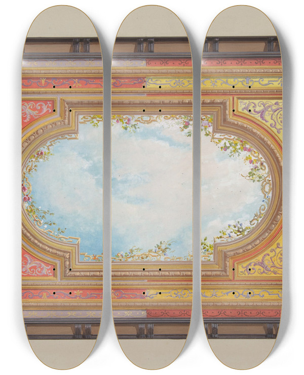 Triptych art skateboard deck of Julesedmondcharles Lachaise Design For A Ceiling Painted With Trompe Loeil Clouds by Jules-Edmond-Charles Lachaise (1897)
