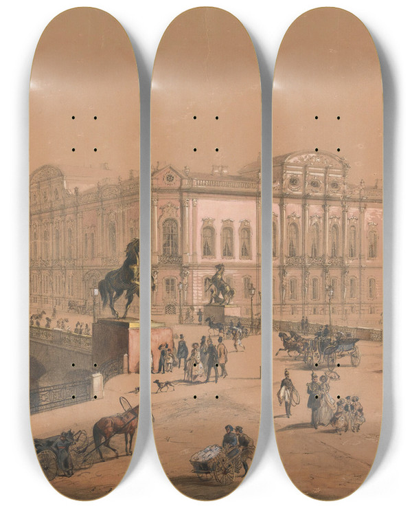 Triptych art skateboard deck of Iosef Iosefovich Charlemagne View Of The Anichkov Bridge St Petersburg by Iosef Iosefovich Charlemagne (1824-1870)