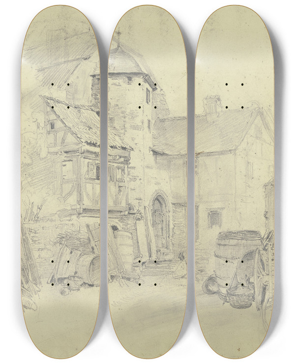 Triptych art skateboard deck of Jakob Frchtegott Dielmann Bauernhof Rechts Ein Wagen Fsser Und Ein Korb by Jakob Furchtegott Dielmann (1809-1885)