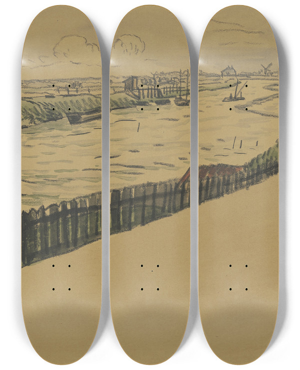Triptych art skateboard deck of Fried Stern Channel Of Katwyk by Fried Stern (1875-1944)