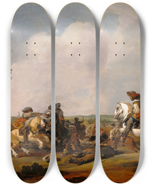 Triptych art skateboard deck of Johannes Lingelbach Battle Scene_2 by Johannes Lingelbach (1622-1674)