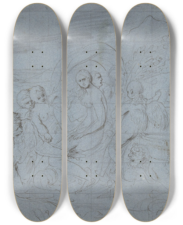 Triptych art skateboard deck of Pietro Testa The Triumph Of Galatea by Pietro Testa (1612-1650)