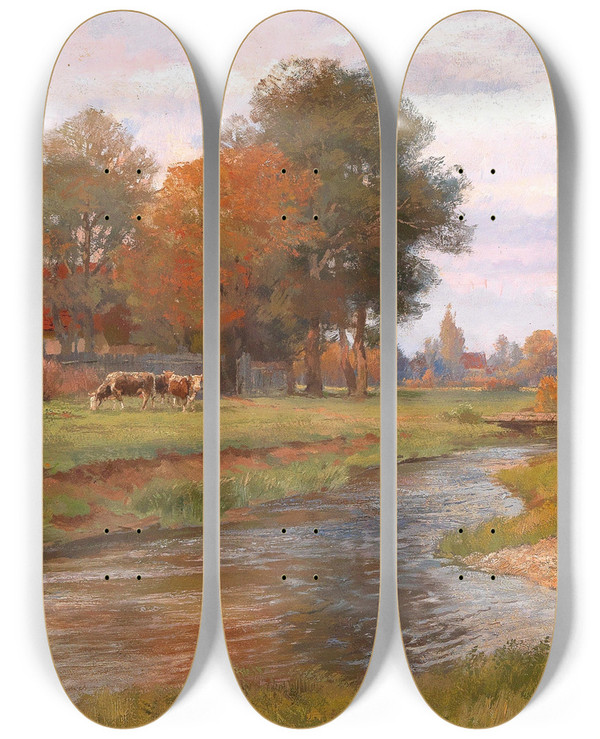 Triptych art skateboard deck of Hugo Darnaut River Landscape With Small Herd Of Cows And A Village In The Background by Hugo Darnaut (1850-1937)