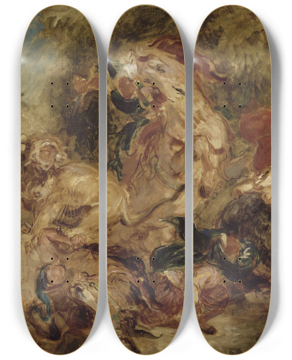 Triptych art skateboard deck of Eugne Delacroix The Lion Hunt_1 by Eugene Delacroix (1798-1863)