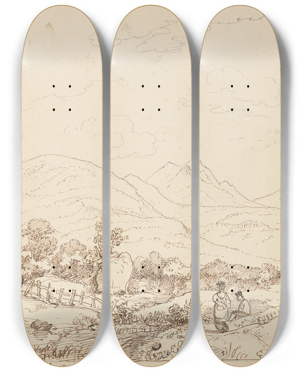 Triptych art skateboard deck of Thomas Hastings On The Road Between Aghadoe And Dunloh Killarney September 1841 by Thomas Hastings (1778-1854)