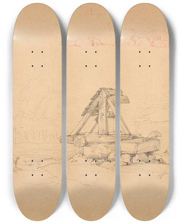 Triptych art skateboard deck of Jacquesraymond Brascassat Puits Dans Une Cour De Ferme by Jacques Raymond Brascassat (1804-1867)