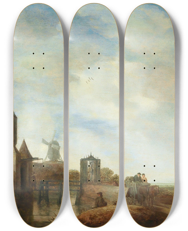 Triptych art skateboard deck of Wouter Knijff Landscape With The Klijne Houtpoort In Haarlem by Wouter Knijff (1607-1693)