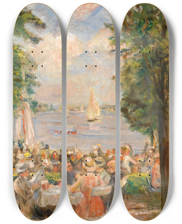 Triptych art skateboard deck of Max Liebermann Beergardennear The Wannsee House On The Lake by Max Liebermann (1847-1935)