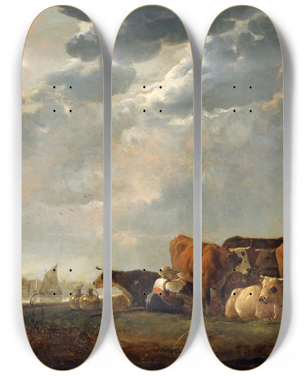 Triptych art skateboard deck of Aelbert Cuyp Cattle Near The Maas With Dordrecht In The Distance by Aelbert Cuyp (1620-1691)