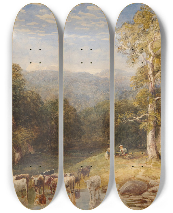 Triptych art skateboard deck of David Cox Jnr Junction Of The Llugwy And Conway by David Cox Jnr (1809-1885)