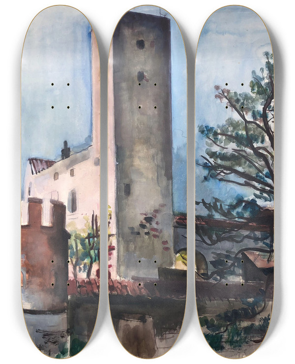 Triptych art skateboard deck of Otto Geigenberger Schloss Grnwald Bei Mnchen by Otto Geigenberger (1881-1946)