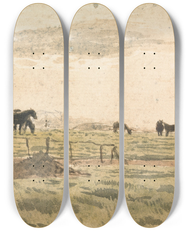 Triptych art skateboard deck of John Linnell Horses In A Paddock by John Linnell (1792-1882)