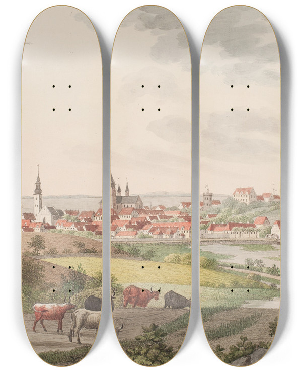 Triptych art skateboard deck of Sren L Lange Aarhus by Soren L Lange (1760-1828)
