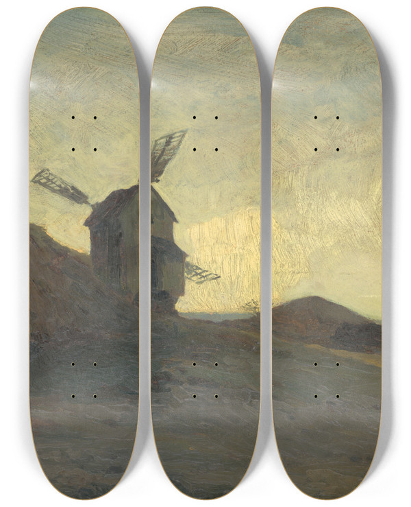 Triptych art skateboard deck of Alois Kalvoda Landscape With A Windmill by Alois Kalvoda (1875-1934)