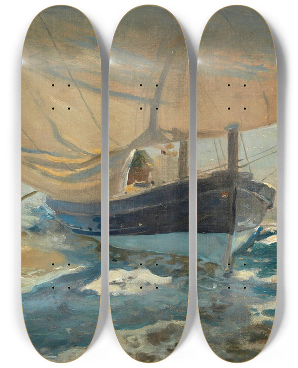 Triptych art skateboard deck of Joaqun Sorolla Barcas En La Playa Fishingboats On The Beachvalencia by Joaquin Sorolla (1863-1923)
