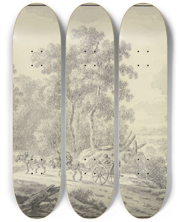 Triptych art skateboard deck of Johann Christoph Dietzsch Auf Einem Waldweg Fhrt Ein Zweirdiger Karren Mit Zwei Hintereinander Gespannten Pferden by Johann Christoph Dietzsch (1710-1768)