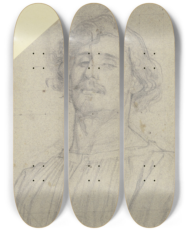 Triptych art skateboard deck of Julius Hamel Kopfstudie Zum Bauernkrieg by Julius Hamel (1834-1907)