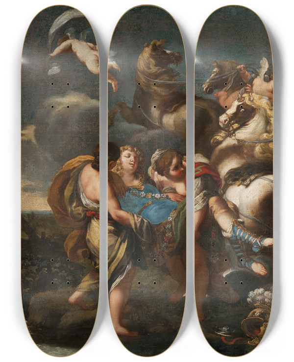 Triptych art skateboard deck of Andrea Camassei Armida Abducts Rinaldo by Andrea Camassei (1602-1649)