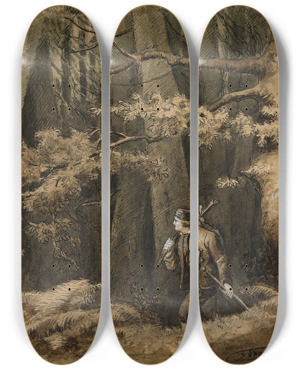 Triptych art skateboard deck of Hans Thoma Der Jger Im Wald by Hans Thoma (1839-1924)