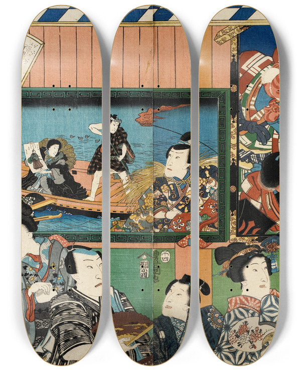 Triptych art skateboard deck of Utagawa Kunisada Toyokuni Iii Actors Viewing Votive Pictures Of Themselves by Utagawa Kunisada (Toyokuni III) (1786-1865)