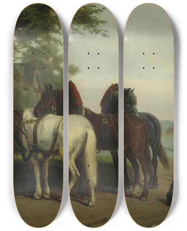 Triptych art skateboard deck of William Hahn The Halt At The Inn by William Hahn (1829-1887)