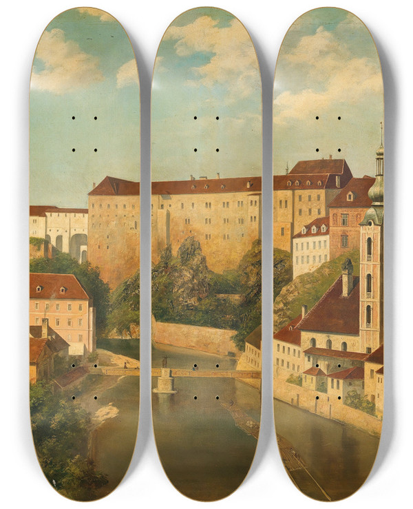 Triptych art skateboard deck of Moritz Stifter Blick Auf Krumau by Moritz Stifter (1857-1905)
