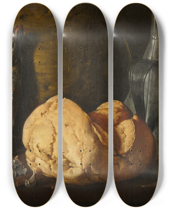 Triptych art skateboard deck of Luis Melndez Still Life With Fish Bread And Kettle by Luis Melendez (1716-1780)
