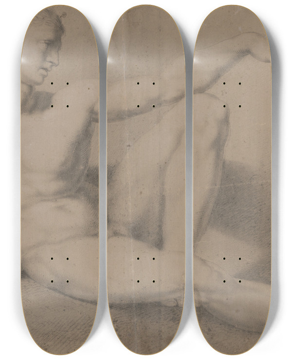 Triptych art skateboard deck of Jozef Czauczik Seated Male Nude by Jozef Czauczik (1781-1857)